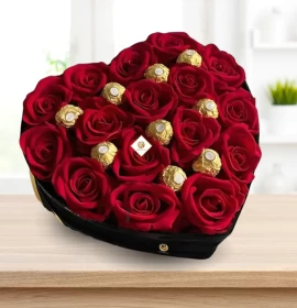 Honey Rose -  Red Roses and Rocher Ferroro in Heart Box