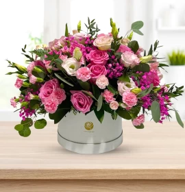 Mixed Pink Flowers in Round Box