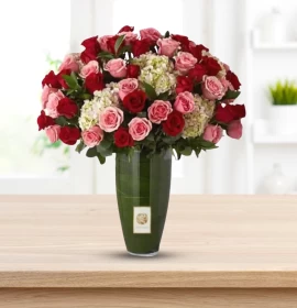 RACHEL - Hydrangea Pink and Red Roses Standing Arrangement