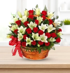 Pumpkin - Valentine's Red Roses and Lily Mix Basket