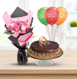 Blissful Birthday - Roses Bouquet with Choco Chip Cake & Balloons