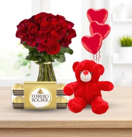 Valentines Day- 25 red rose bunch with teddy, balloons & chocolate