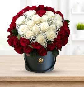 Valentine Girl - Red and White Roses Designed Heart Shape in Round Box