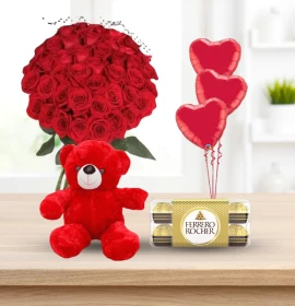 Valentines Day - 40 rose bunch with chocolate, red teddy & heart balloons