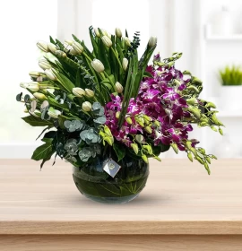 White Tulips and Purple Ochids in Bowl