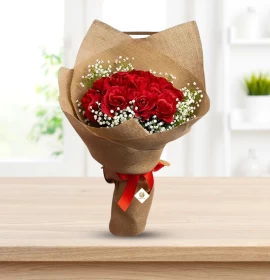 Alexa - Valentines Universal Attractive Red Roses in jute wrapping