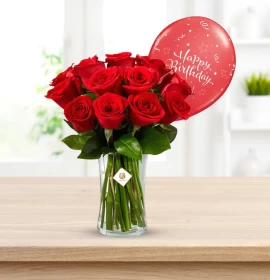 red roses in vase with balloon - flowers and balloon free gift