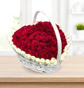 Lucky Roses -  Red and White Roses Arranged Heart Shape in Basket 