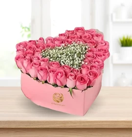 Pink Roses and Gypsophilia in Heart Box