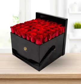 Elisha - Valentines Black Square Box Arrangement with Red Roses