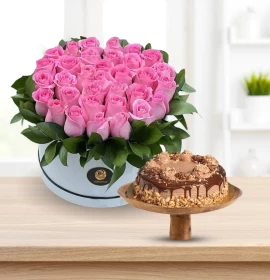 Pink Roses Box and Rocher Ferroro Cake