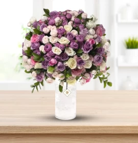 ADDIS ABABA- Purple Pink White Peach Roses in Cylinder Glass