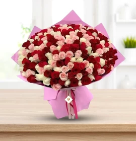 Valentine Lady - Valentine Pink, White & Red Roses Premium Bouquet