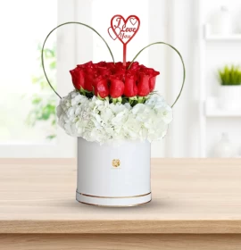 Butter Cup - Valentine's Red Roses and White Hydrangea Box