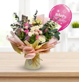 pink flower bouquet with free balloon