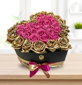 Golden Roses -  Pink and Golden Roses in Heart Box