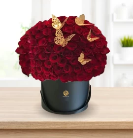 Valentine Rose Box - Red Roses in Black Box with Butter Flies