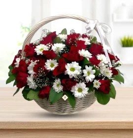 Dimple Roses - Red Roses and White Chrysanthemums in Basket