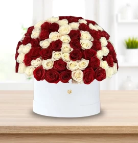 red and white roses in box - anniversary same day flower delivery