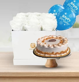 White Roses Box With Butterscotch Cake and balloons