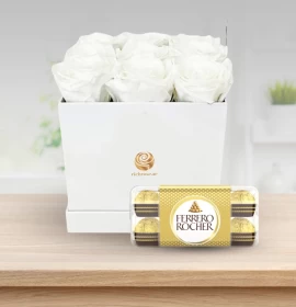 white roses vox and chocolate - flowers and rocher ferroro